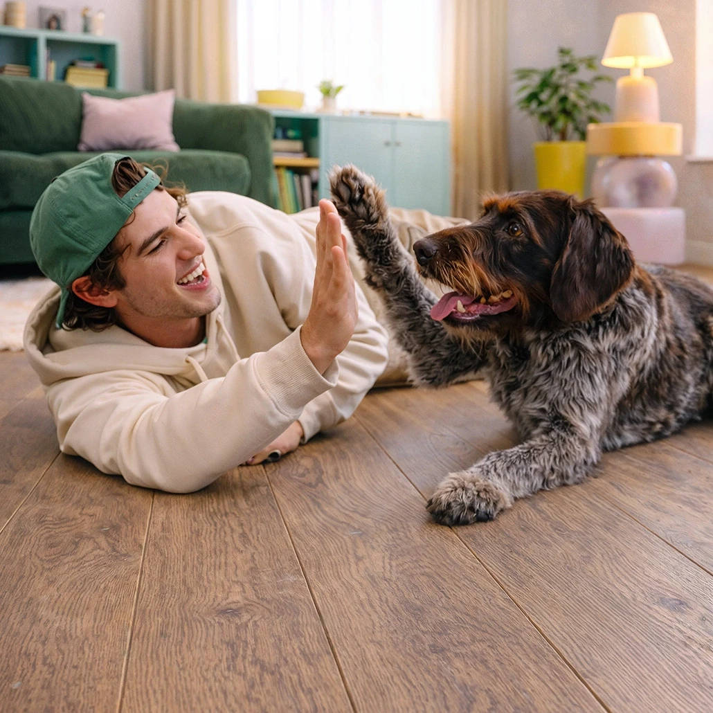 Ein Mann klatscht einem Hund ab, während er auf einem mit Kiwi-Now-Bodenpaneelen des Modells 40KN522 ausgelegten Boden liegt.