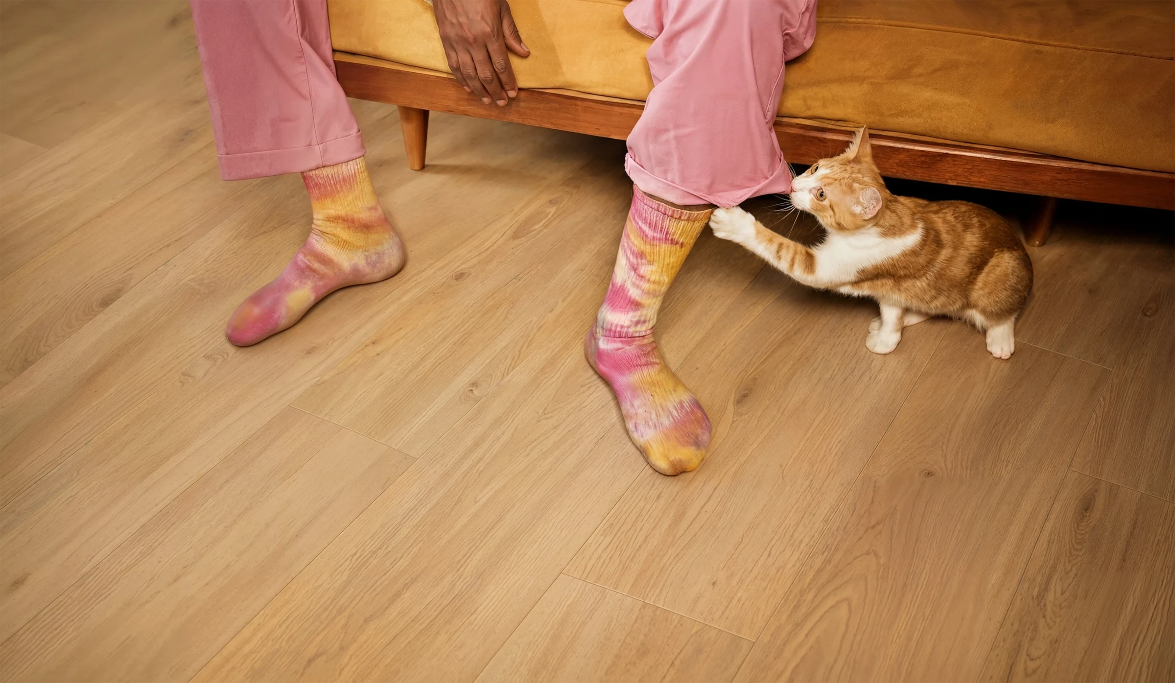 A cat pulling a person by their socks while sitting on a floor laid out with 40KN792 model kiwi now floor panels