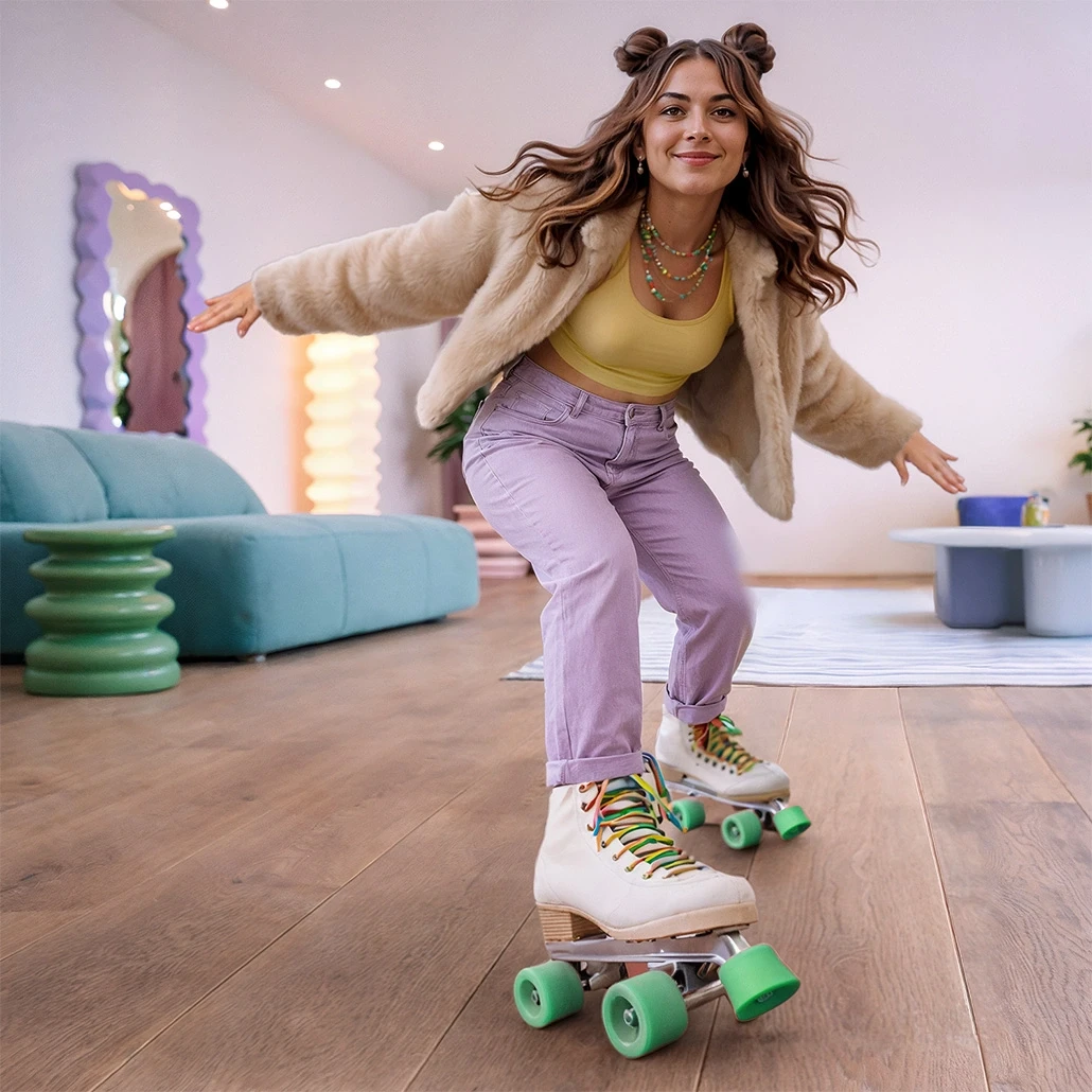 Eine Frau schaut in die Kamera und fährt Inlineskates in einem Wohnzimmer mit Kiwi-Now-Bodenpaneelen des Modells 91KN742.
