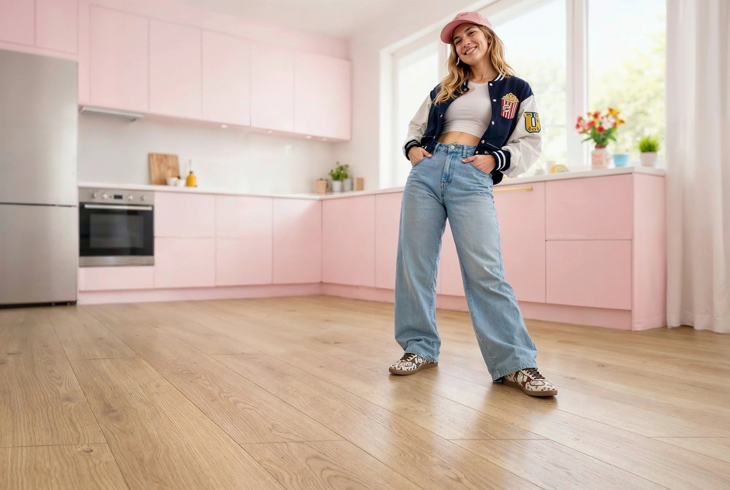 A woman standing with her hands in her pockets while in a kitchen laid out with 91KN812 model kiwi now floor panels