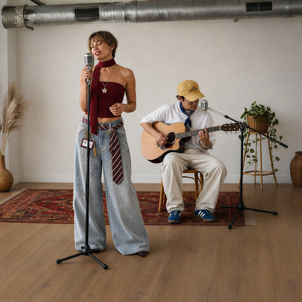 Eine kurzhaarige Frau singt in einem Raum mit Kiwi-Now-Bodenpaneelen des Modells 91KN822, während ein Mann im Hintergrund Gitarre spielt.