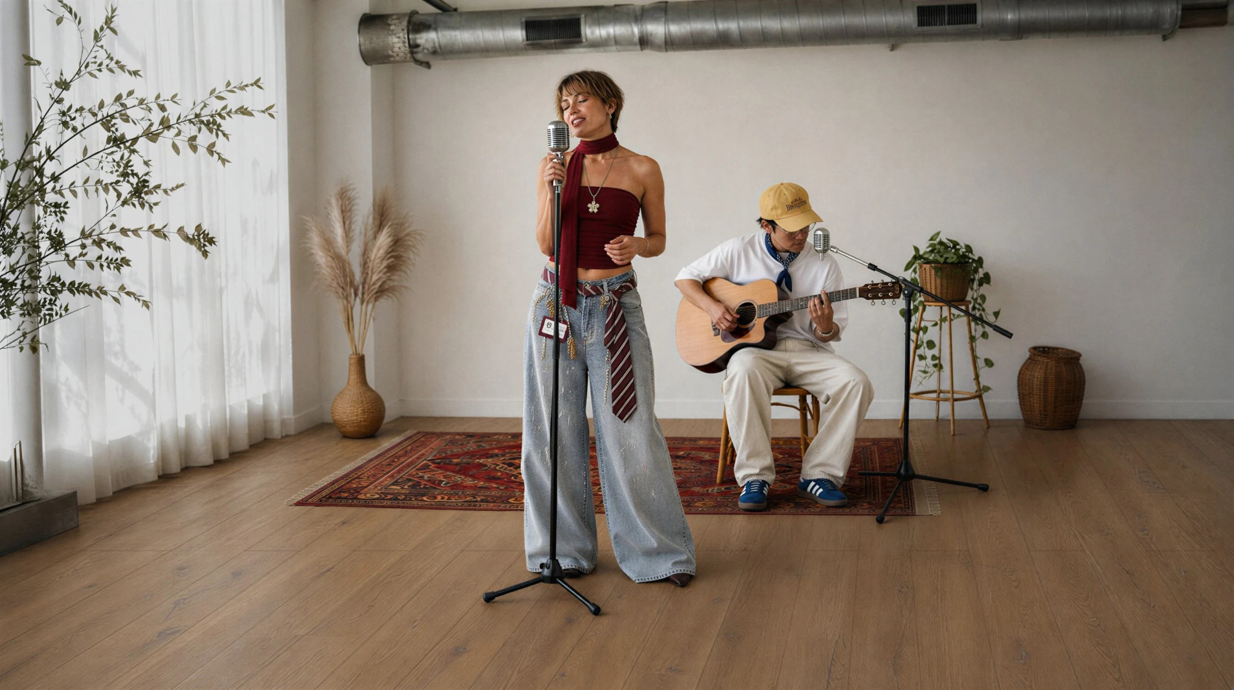 A short-haired woman singing in a room laid out with 91KN822 model kiwi now floor panels with a man playing a guitar behind her