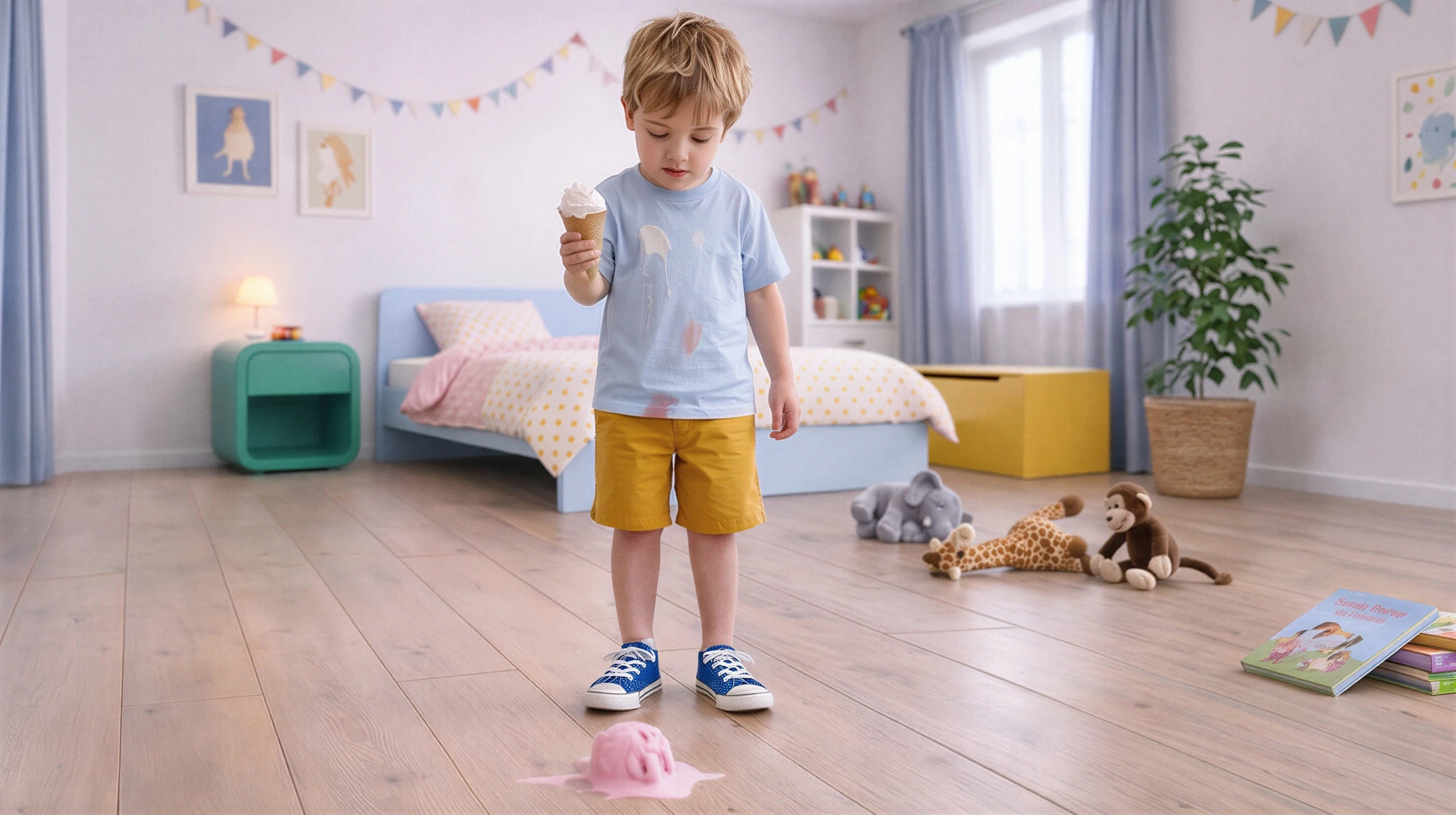 A kid looking at a melting ice cream scoop on a floor laid out with 91KN832 model kiwi now floor panels
