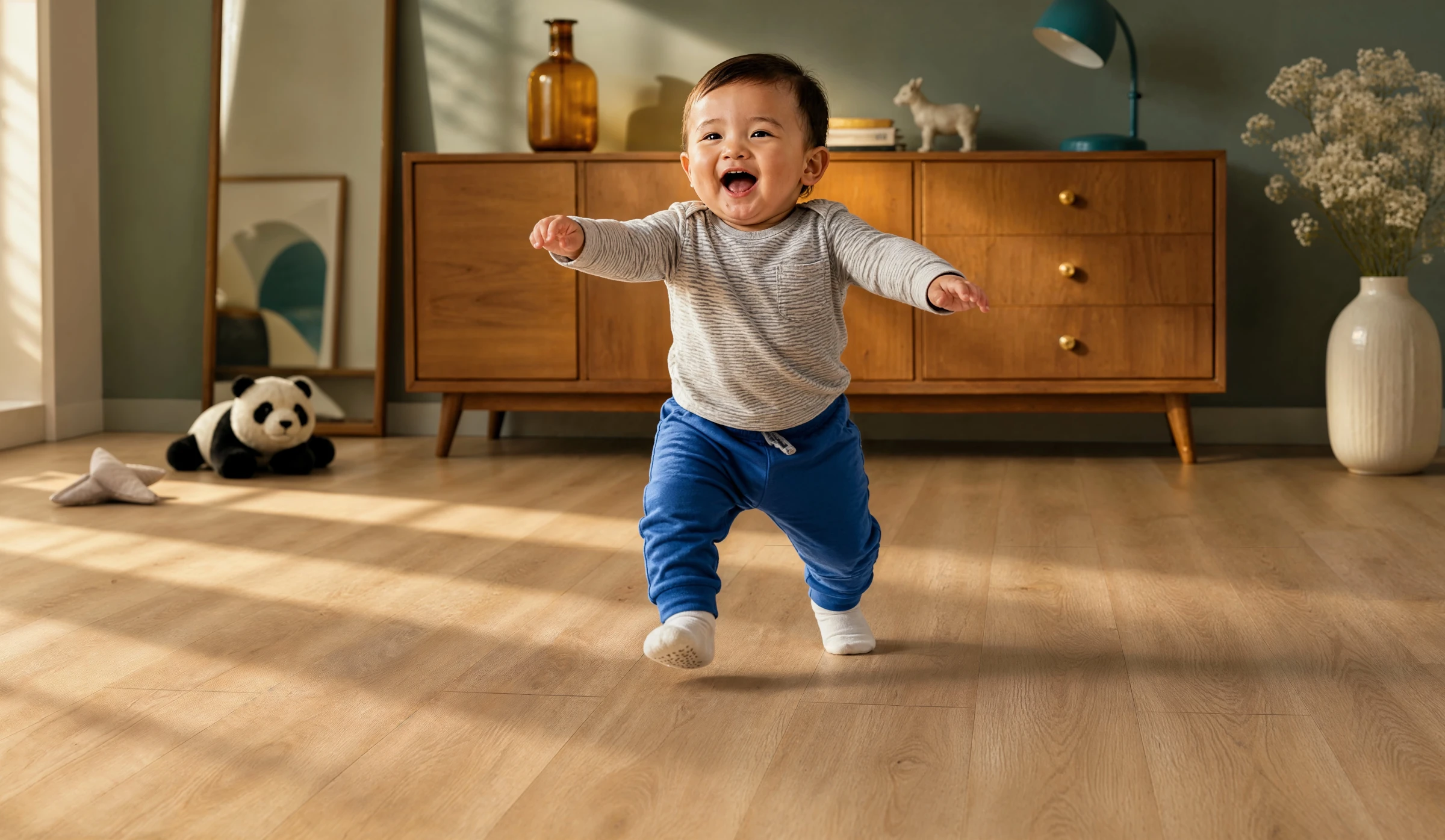A smiling toddler taking their first steps in a room laid out with 91KN842 model kiwi now floor panels 