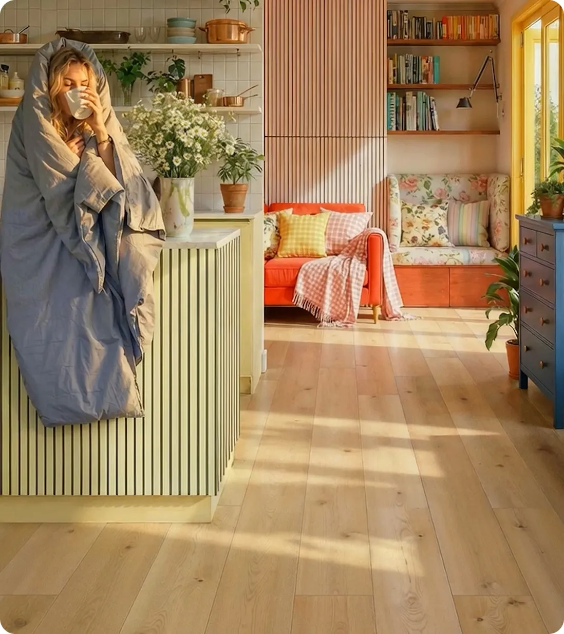 A woman wrapped in a bedsheet sitting on the kitchen counter drinking a coffee in a house laid out with kiwi now floor panels