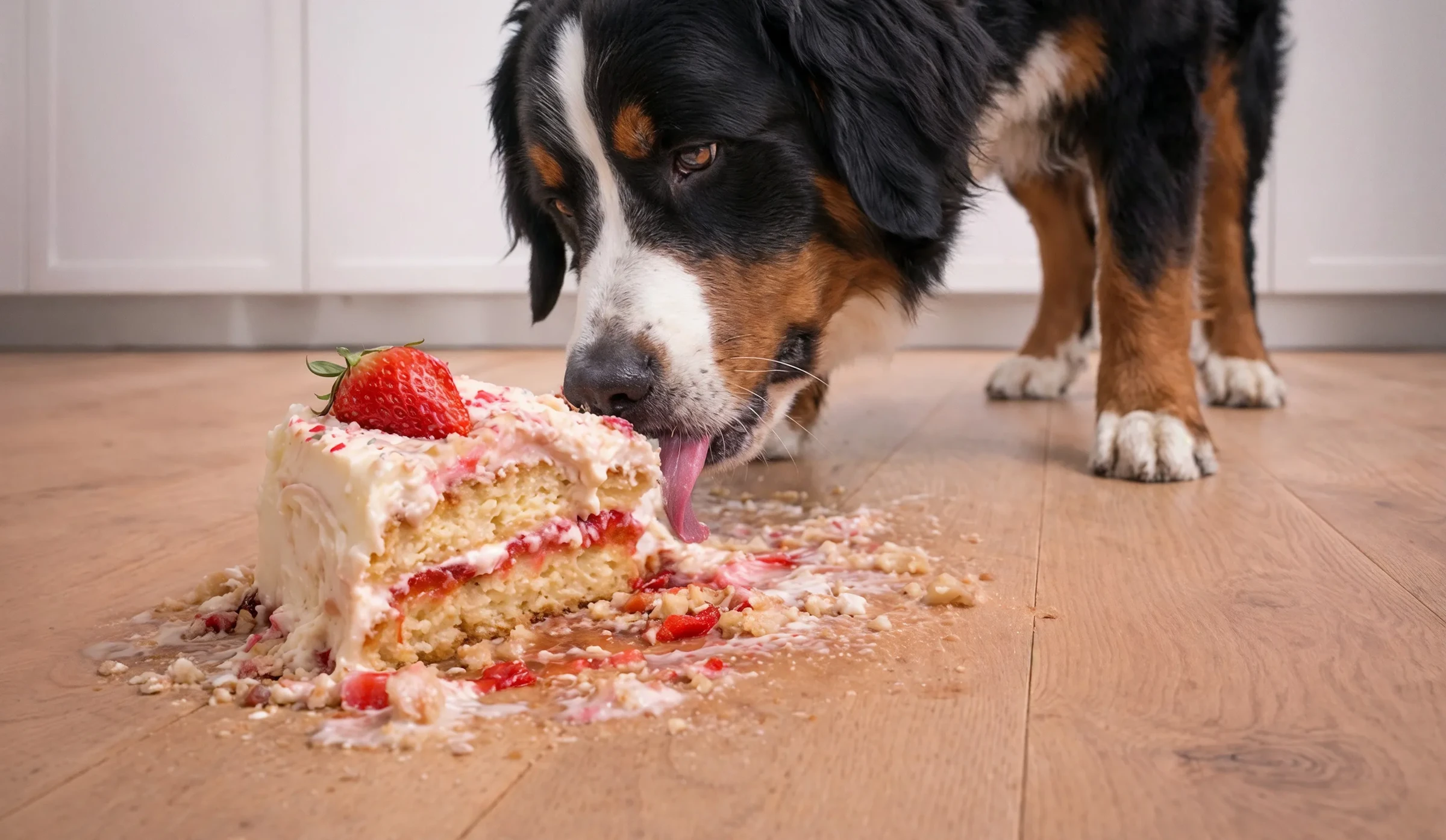 A dog eating a strawberry cake off of a floor laid out with 30KN04 model kiwi now floor panels