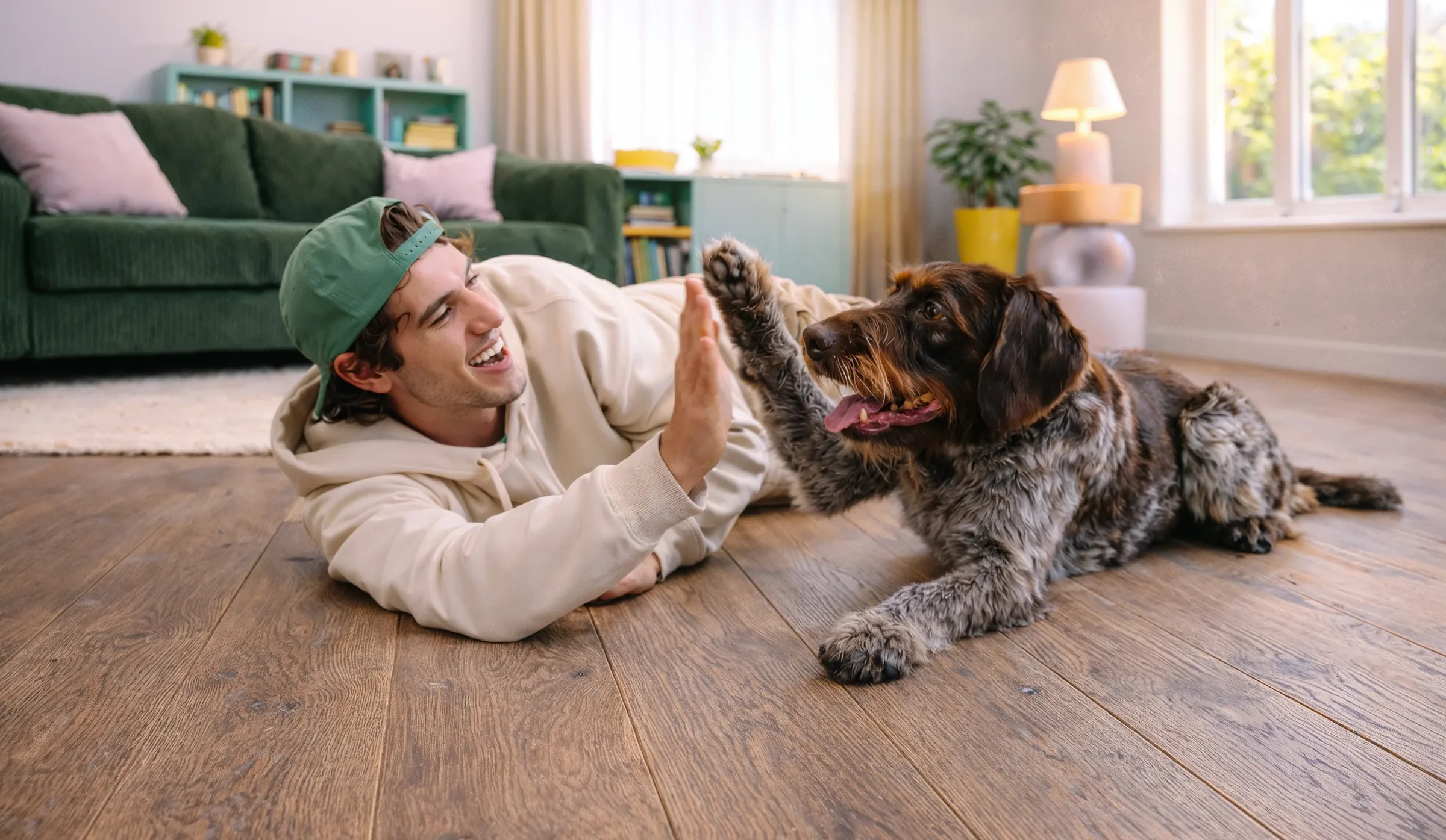 A man high-fiving a dog while laying on a floor laid out with 40KN522 kiwi now floor panels