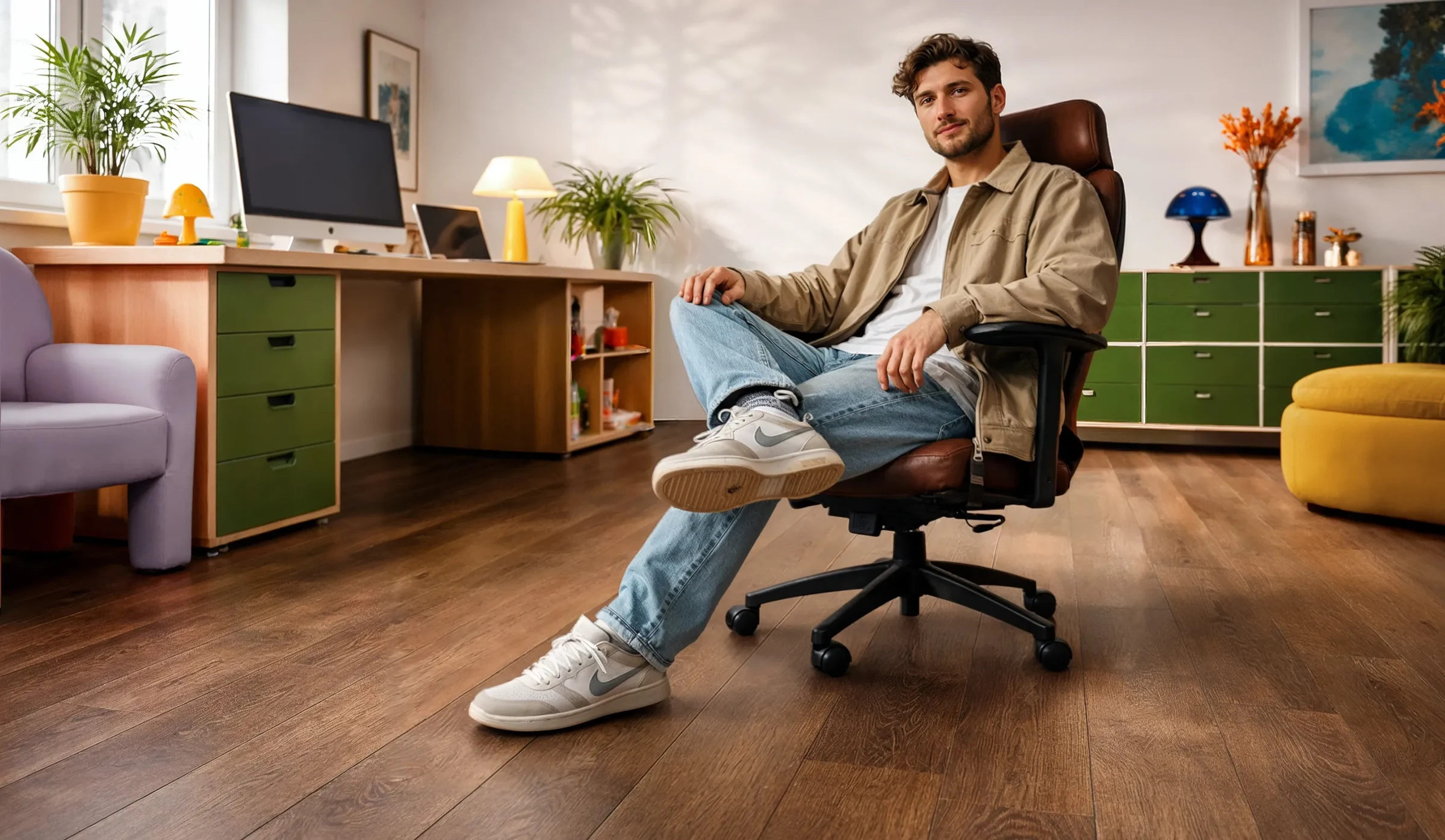 A man sitting in his office chair with his legs crossed on a floor laid out with 40KN542 model kiwi now panels