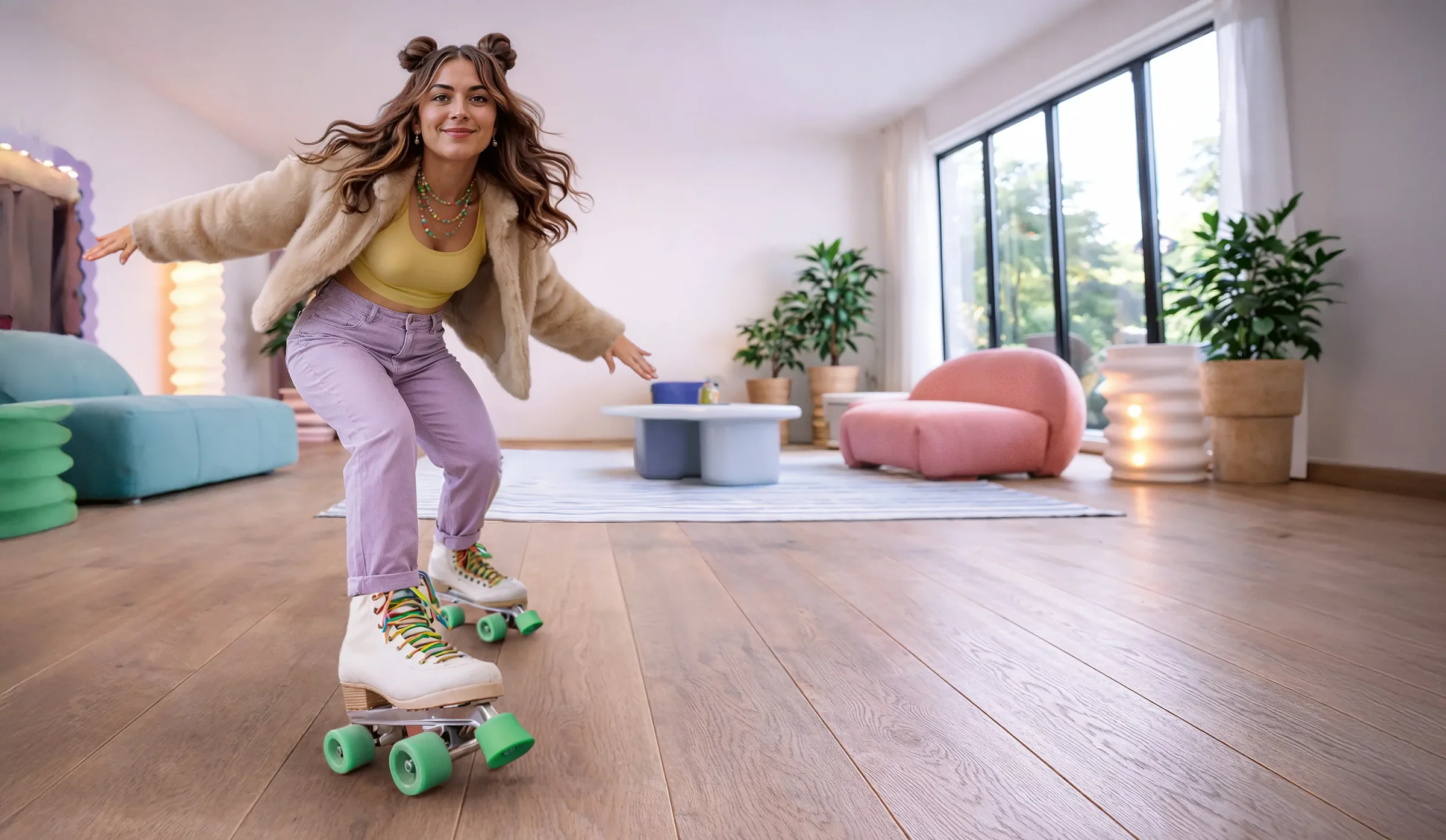 A woman looking at the camera and roller skating in a living room laid out with 91KN742 model kiwi now floor panels 