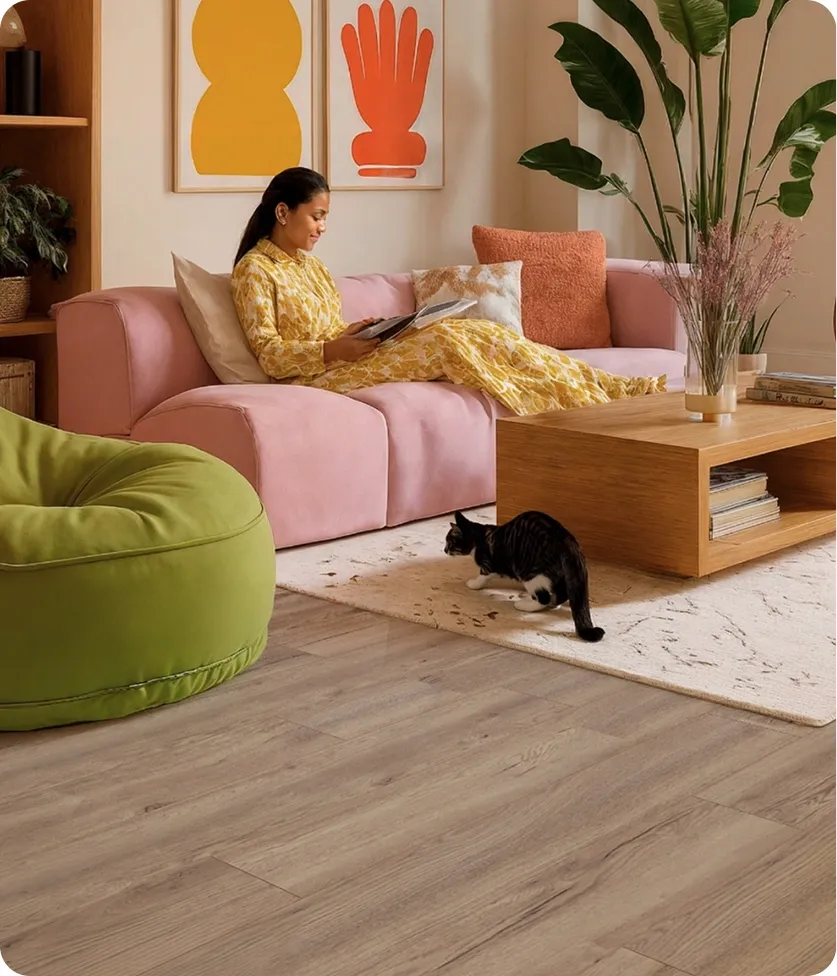 A woman reading in a room with a cat sitting on the kiwi now floor