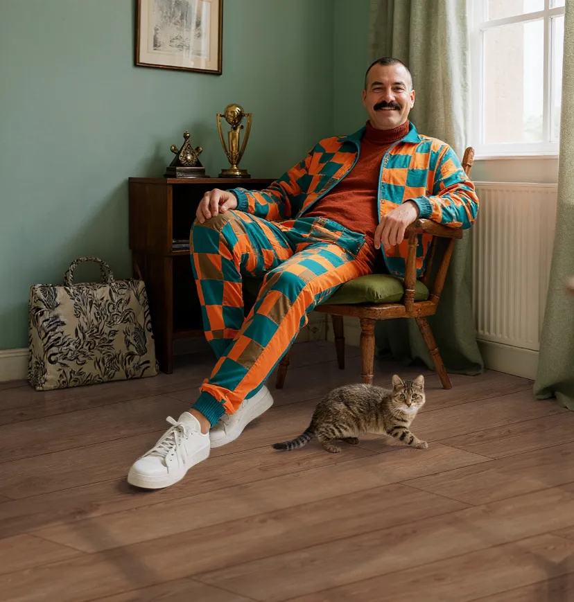 A man in colorful outfit sits ona chair with a cat sitting on a floor laid out with kiwi now floor panels